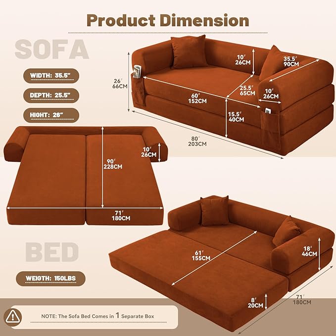 Convertible Futon Sofa Bed,80" Folding Pull Out Couch Bed with Pillows & Storage Pocket, Oversized Queen Sleeper Sofa in a Box,Corduroy Boneless Couch for Living Room,Orange