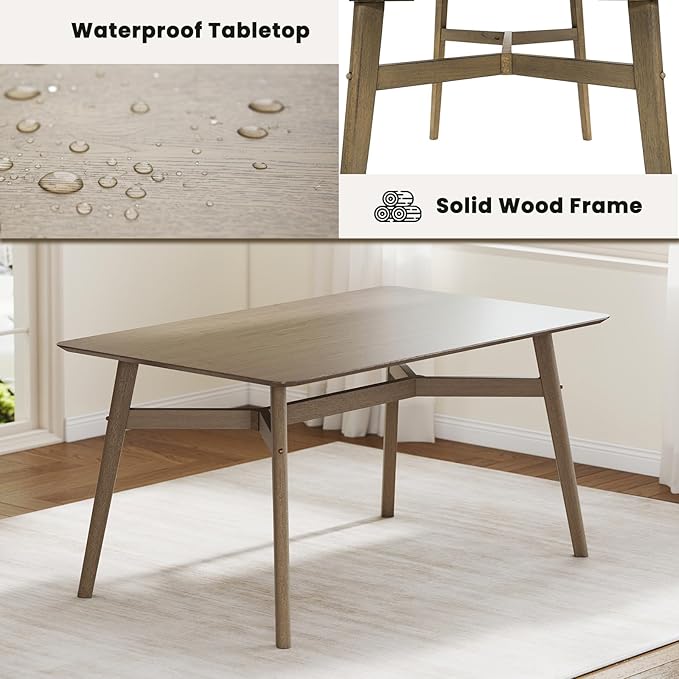 VESCASA 59" L Wood Rectangle Dining Table for 4, Rectangle Kitchen Table for 6 with 4 Solid Wood Legs for Dining Room, Kitchen, Restaurant, Smokey Taupe