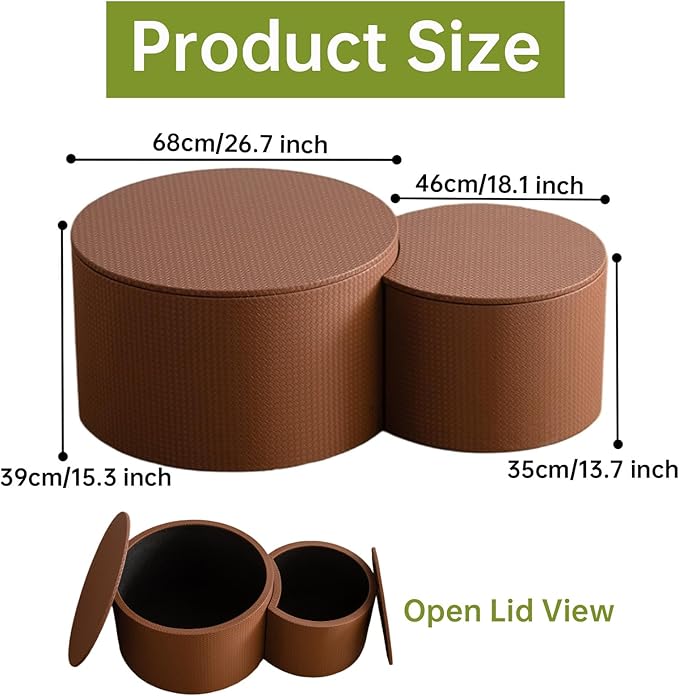 Round Nesting Coffee Table Set of 2, Round Fluted Coffee Tables with Storage for Living Room Leather Veneer Modern Nesting End Side Tables for Small Spaces (A Storage Brown)