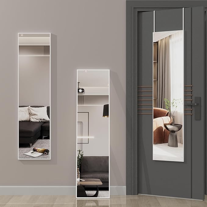 ANYHI Over The Door Mirror, 47" x 12" White Door Mirror Full Lenth, 2 Hooks, Door Mount or Wall Mount, for Bedroom, Living Room, Bathroom