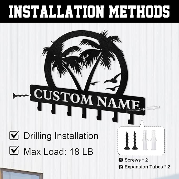 Personalized Key Holder for Wall, Beach Theme Key Holder Wall Mount with Hooks, Coconut Trees Key Hanger Wall Decor for Pool Bathroom Hallway Entryway Office, Customized Home Decor Gifts Color07