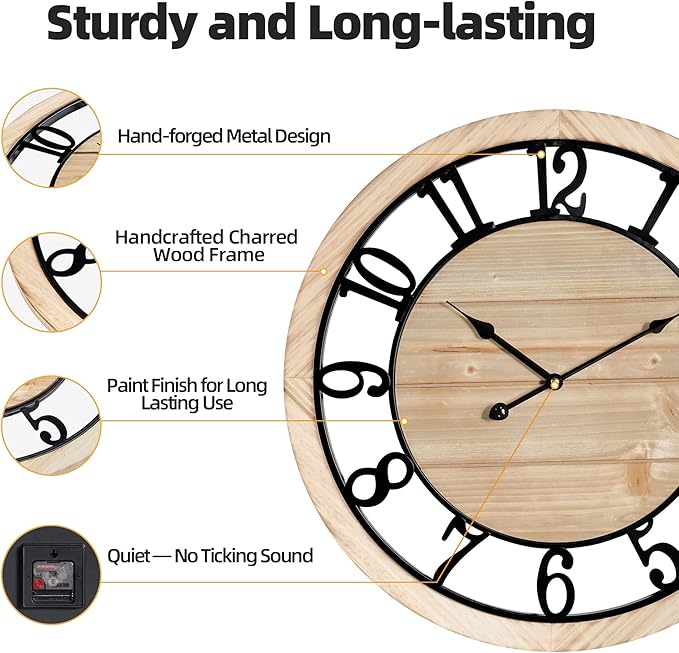 Maxstar 20'' Wall Clock for Living Room Decor, Ultra-Silent Rustic Wooden Farmhouse Wall Clock with Metal & Real Wood Frame, Battery Operated, for Kitchen Bedroom Office, Arabic Numerals