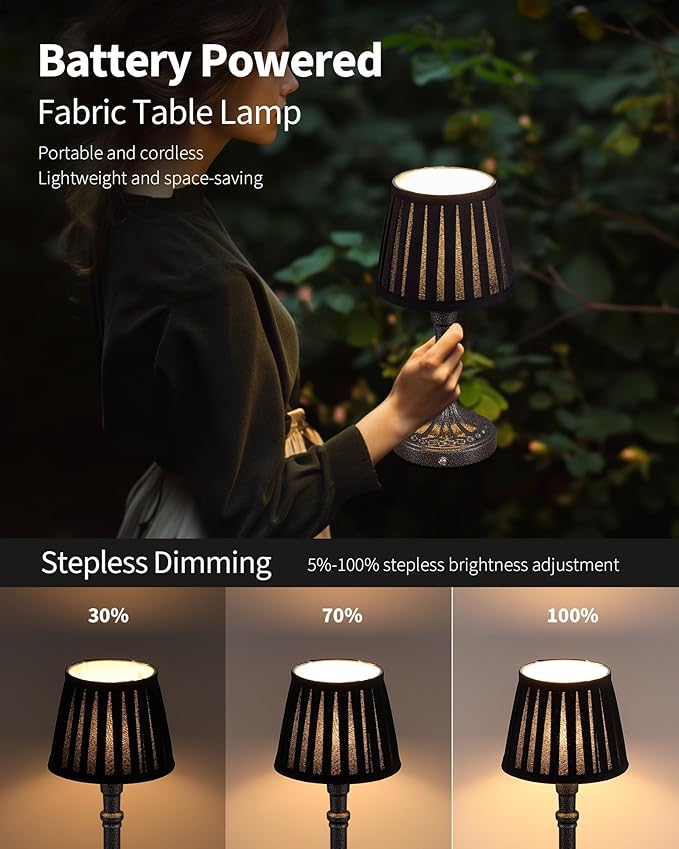 KDG Cordless Portables Table Lamp Set of 2, LED Fabric Shade Small Desk Lamps, 5000mAh Battery Powered Lighting, 2700K Stepless Dimmable Light for Living Room, Dining Room, Bedroom (Mottled Silver)