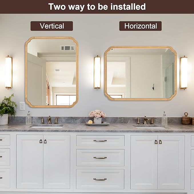 WallBeyond 30" x 40" Rounded Corner Arch Wall Mirror with Wood Frame for Entryway, Living Room or Bedroom Home Decor - Light Woodgrain [30 x 40 inches, Natural Color]