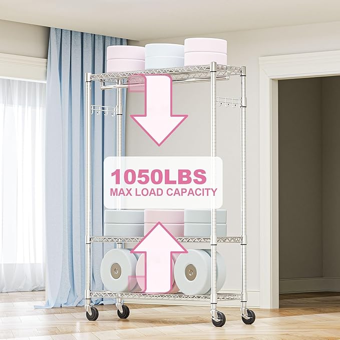Heavy Duty Rolling Garment Rack 3 Tiers Adjustable Wire Shelving Clothes Rack with 1 Rods and Side Hooks,Storage Closet Clothing Rack with Wheels Chrome 15.7" D x 45.3" W x 75.6" H