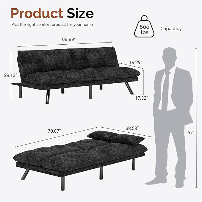 Futon Sofa Bed Convertible 70 inch Solid Wood Couch for Living Room, Chenille Fabric, 2 Cushions (Black)