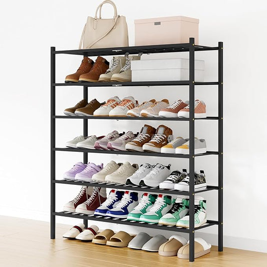 Smiry Shoe Rack, 6 Tier Long Bamboo Shoe Organizer, Stackable Free Standing Wooden Shoe Storage Shelf for Closet, Entryway, Front Door Entrance, Black