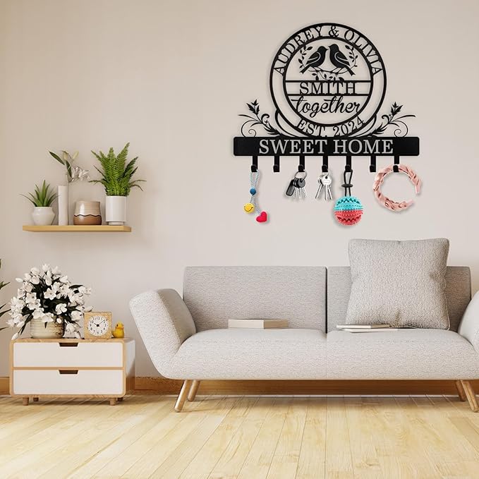 Personalized Key Holder for Wall | Metal Key Rack Wall Mount with Couple's Name | Key Rack Coat Rack Organizer | Key Hooks Wall Decorative for Bedroom Entryway Hallway | Wedding Gifts