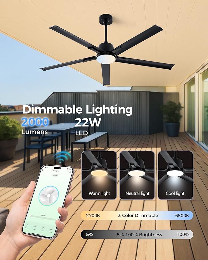 62 Inch Black Aluminum Ceiling Fan with Light,Smart ceiling fan with Alexa and APP(via WIFI),6 Speed,3CCT,Quiet DC Outdoor Indoor fan for patio and Living Room