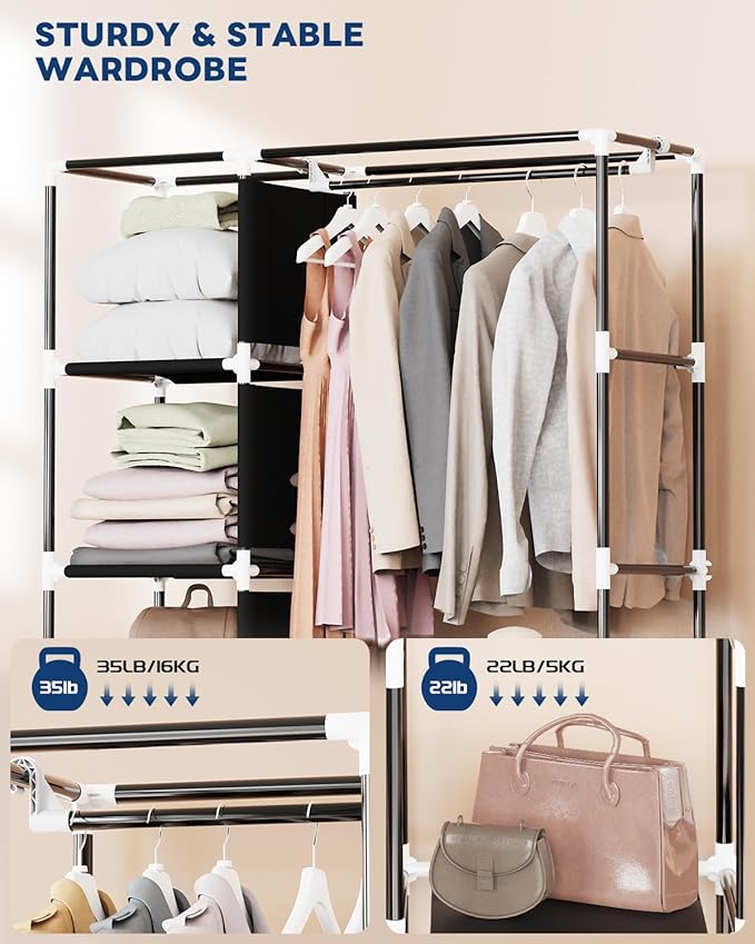 Mavivegue Portable Closet,Portable Closet,Wardrobe,Storage Closet with Cover,Free Standing Closet for Bedroom,Black,2 Rows, 43" W x 18" D x 64" H