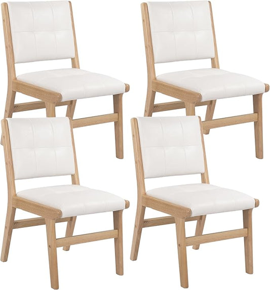 KCC Modern PU Leather Dining Chairs Set of 4, Upholstered Kitchen Chairs with Solid Wood Legs and Comfortable Seat for Dining Room/Lounge/Bedroom(White)