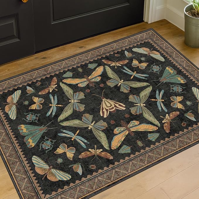 Small Black Entryway Rug - 2x3 Front Door Rug Indoor Entrance, Small Carpet for Kitchen Floor, Bathroom, Powder Room, Washable Low Pile Non Slip, Insect Print Home Décor