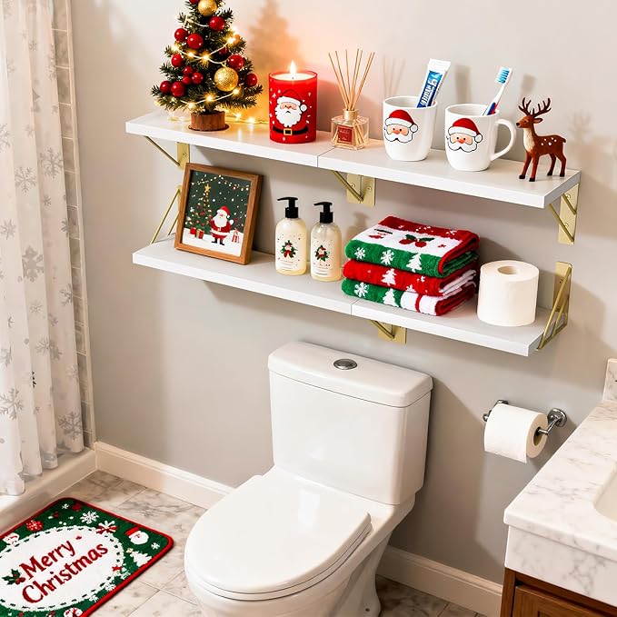 BAYKA Wall Shelves for Bedroom Decor, Floating Wall Shelf for Living Room Kitchen Storage, Mounted Rustic Wood Shelves for Kids Books, Christmas Decorations for Room(White and Gold，Set of 4)