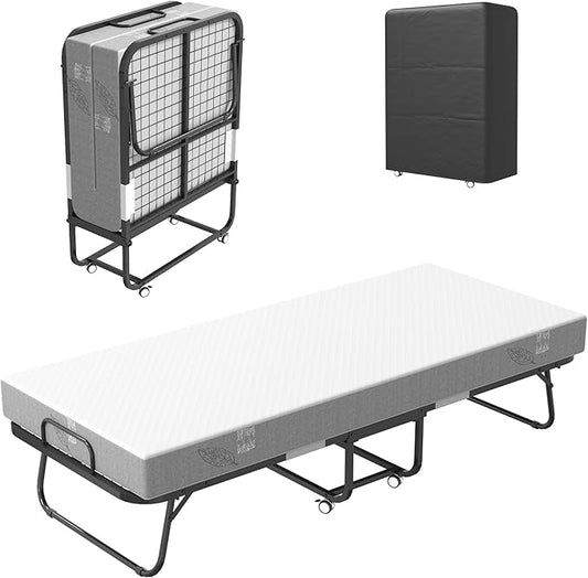 Folding Bed with Mattress, 75" x 31" Twin Size Rollaway Bed on Wheels, Foldable Metal Frame & Storage Pocket, Space-Saving Portable Cot for Adults, Home, Office, Apartment