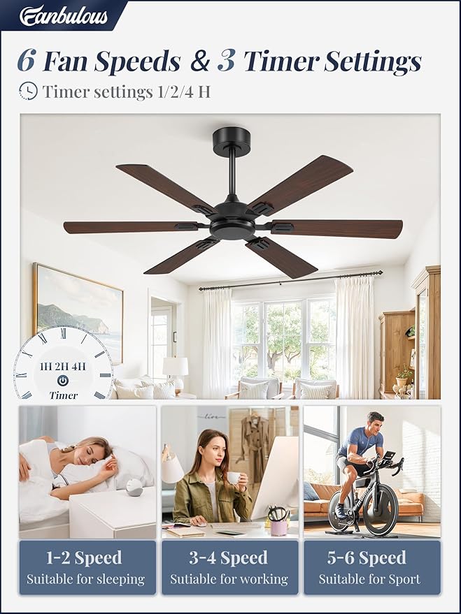 Fanbulous 52 Inch Ceiling Fans No Light with Remote, Modern Ceiling Fan Without Light, Dual Finish 6 Blades, Reversible Quiet DC Motor, 6 Speed, Large Ceiling Fan for Indoor or Covered Outdoor, Black