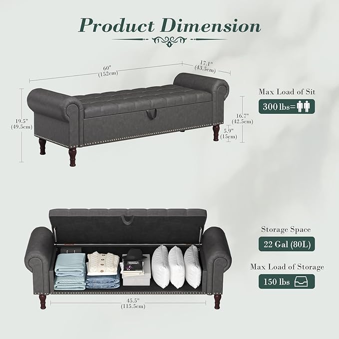 Apicizon 60” Bench with Storage, Upholstered Tufted Button Bedroom Bench with Storage, Faux Leather End of Bed Bench with Rolled Arms, Storage Ottoman Bench for Bedroom, Living Room, Entryway, Gray
