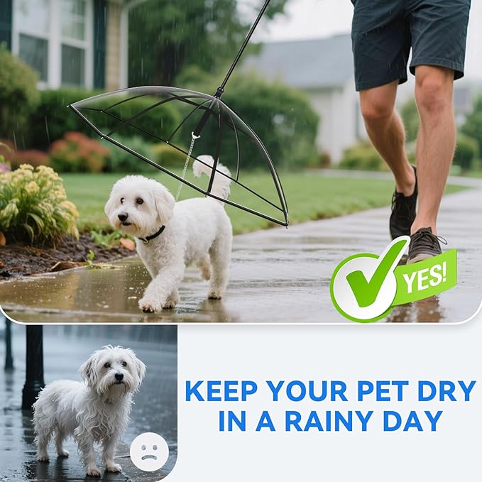 NAMSAN Dog Umbrella for Small Dogs, Clear Dog Umbrella Leash for Rainy Day, Walking Puppy Umbrella with Metal Chain, Self-Assembly, Adjustable