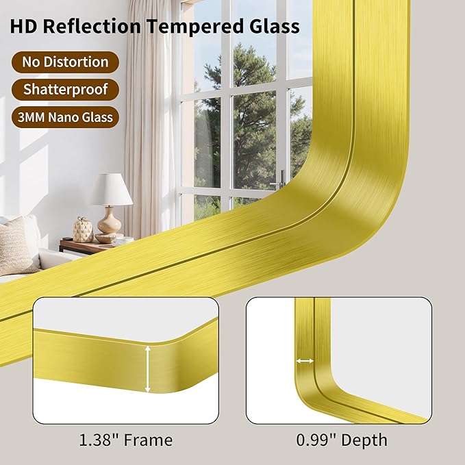 FORBATH 60x30 Inch Large Bathroom Mirror for Double Sinks, Brushed Gold Deep Frame Wall Mirror with Rounded Corners, Anti-Rust Tempered Glass for Modern Farmhouse Vanity (Horizontal/Vertical)