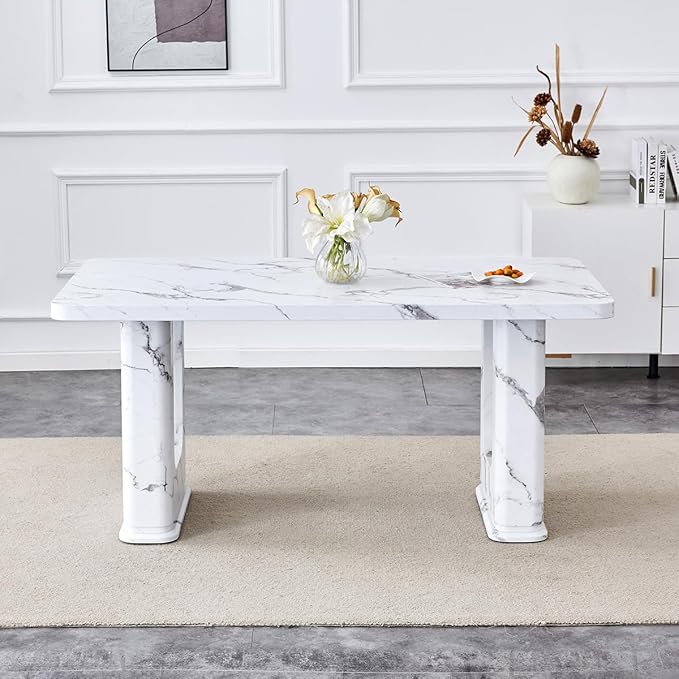 Dining Room Table for 6 - White Faux Marble Dining Table with 1.7-Inch Thick Seamless Tabletop and Dual Pedestal Base,64.5'' Mid Century Modern Dining Table Ideal for Kitchen,Home Office