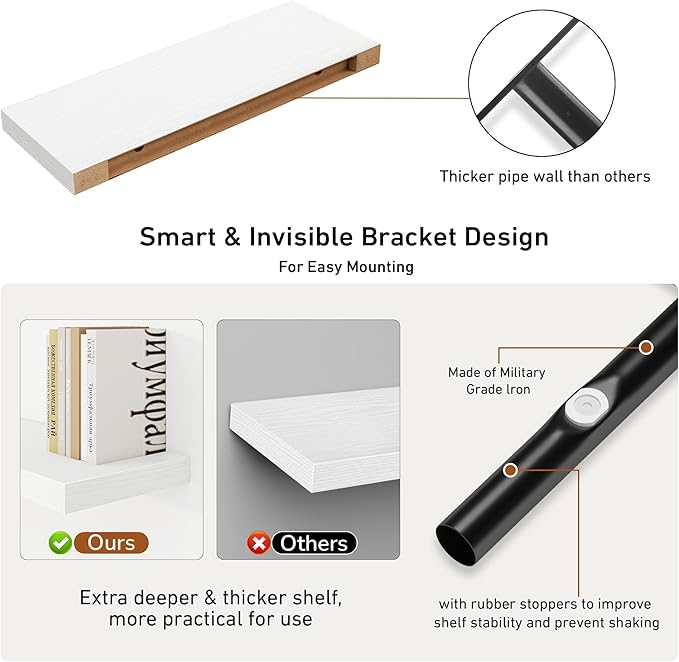 Fun Memories Floating Shelves - 2 Pack 9.3 Inch Deep Rustic Wooden Wall Shelves - Wall Mounted Storage Shelf with Invisible Brackets, 24" W x 9" D x 1.6" H - White