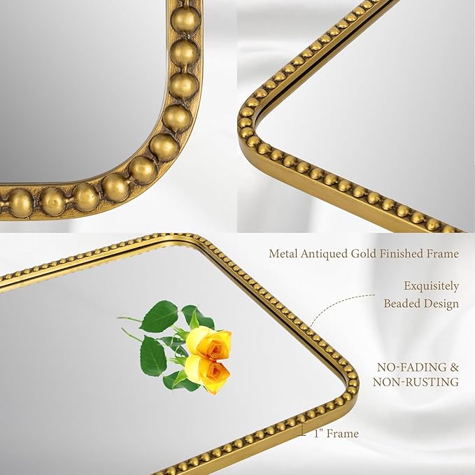 Wall Mirror for Bathroom - 30"x40" Rectangle Rounded Corner Beaded Frame Mirror, Large Vanity Mirror Hangs Horizontal or Vertical, Antique Gold