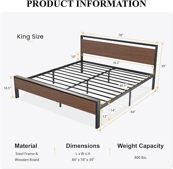 SHA CERLIN 14 Inch King Size Metal Platform Bed Frame with Wooden Headboard and Footboard, Mattress Foundation, No Box Spring Needed, Large Under Bed Storage, Walnut