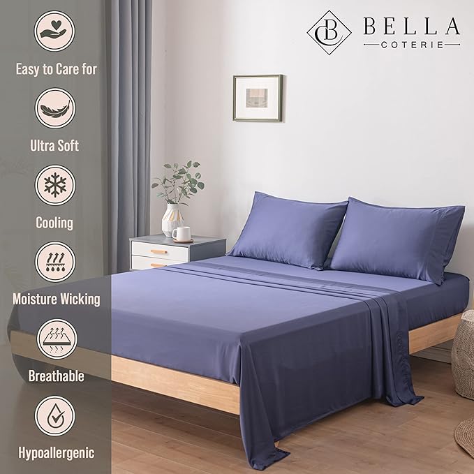 Bella Coterie Luxury Bamboo Viscose 34” Split Top King Size Sheet Set | 1 Fitted Sheet for Sleep Number & Adjustable Beds | 100% Organically Grown | Cooling & Soft | 18” Deep Pocket [Twilight Blue]
