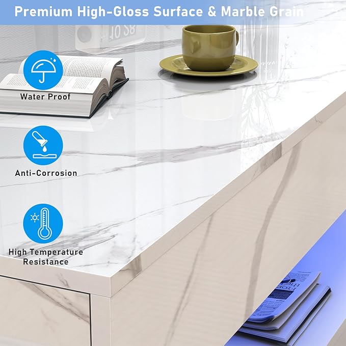 47.2" Large High-Glossy LED Coffee Table with 2 Sliding Drawers, Living Room Storage Coffee Tables with Marbling Print, Modern Stylish Double-Layer Center Tables w/LED Lights, White