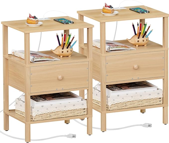 Lerliuo Nightstand Set of 2 with Charging Station and USB Ports, 3-Tier Storage End Table with Drawer Shelf, Night Stand for Small Spaces, Wood Bedside Table for Living Room, Bedroom - Natural Wood