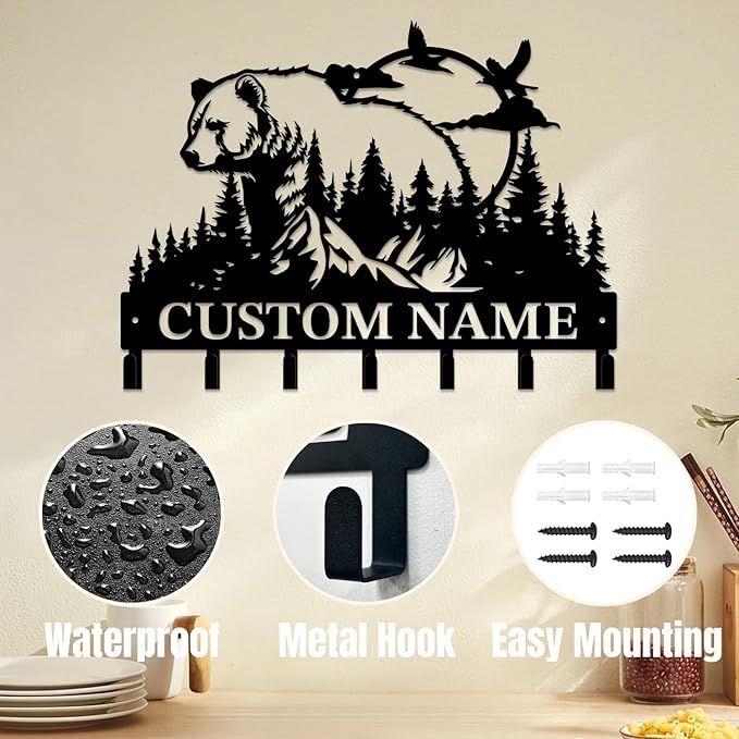 Personalized Custom Name Bear Key Wall Hooks,Metal Bear Keys Clothes Hooks,Metal Bear Wall Home Storage Decorative,For Front Door, Hallway, Kitchen, Bedroom,Keys,Hats (Style N)