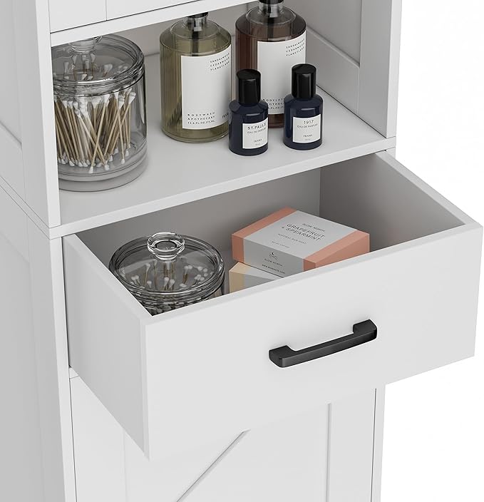 Homhedy 67" H Tall Bathroom Storage Cabinet with 2 Barn Doors and 1 Drawer, Narrow Storage Unit, Adjustable Shelves, Floor Cabinet for Bathroom, Living Room, Entryway, Kitchen, White, (15.7" W)