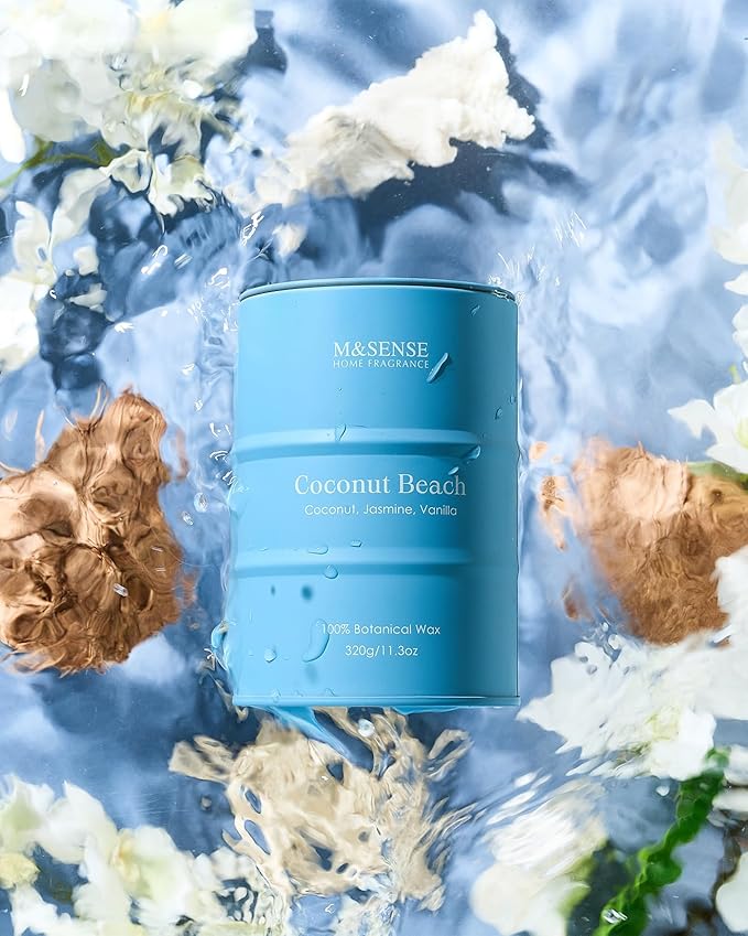 M&SENSE Coconut Beach Scented Candles Beach Soy Candle, Summer Candle for Stress Relief Meditation Relaxing, Housewarming Gifts for Women Men, 11.3oz 70 Hour Long Burning