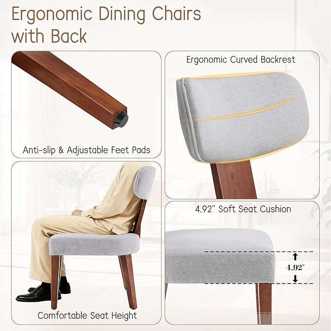 Dining Chairs Set of 2, Mid-Century Modern Upholstered Kitchen Chairs with Curved Backrest and Linen Fabric Seat, Wood Leg Accent Chairs for Dining Room, Living Room, Bedroom, Grey