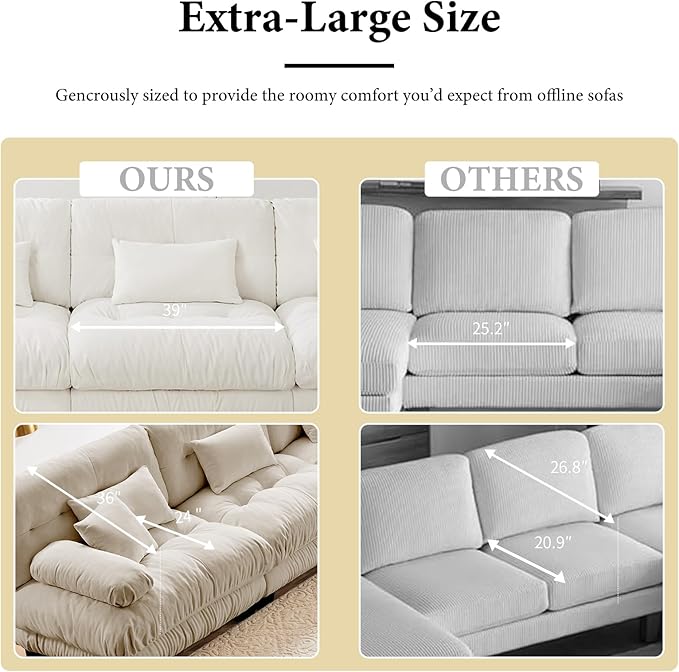 173.2" Oversized Couch, 4 Seater Modular Sectional Sofa, Beige Large L Shaped Fluffy Couch Set, Chenille Cloud Sofas with Ottoman for Living Room
