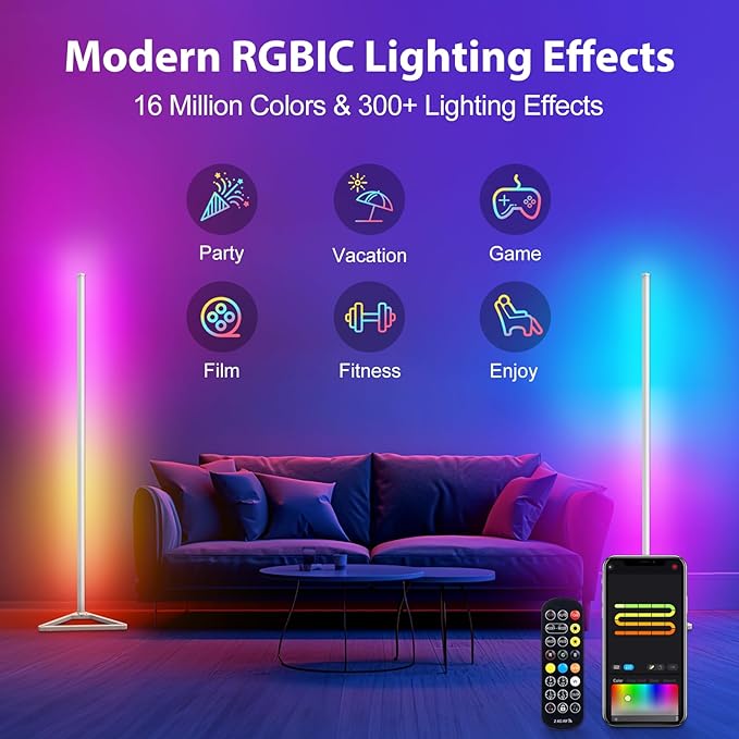 RGBIC Corner Lamp,16 Million Colors LED Floor Lamp,141 cm Lamps for Living Room with Music Sync,Standing Lamp with App and Remote Control,Gaming Ambient Lighting Corner Light Bedroom Decor