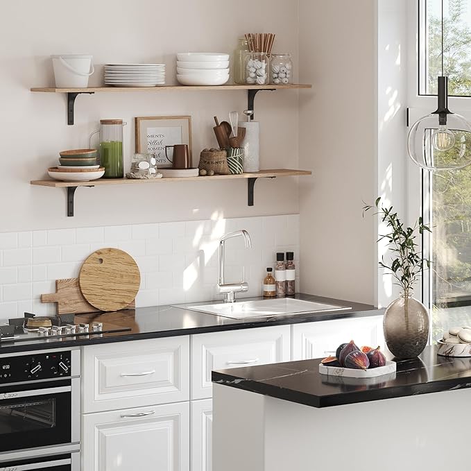 DINZI LVJ Long Wall Shelves, 55.1Inch Wall Mounted Shelves Set of 2, Extra Large Storage Ledges with Sturdy Metal Brackets for Living Room, Bathroom, Bedroom, Kitchen, Natural