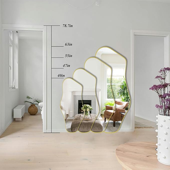 Large Irregular Mirror, 63"x29" Asymmetrical Full Length Mirrors for Dressing, Gold Metal Frame Abstract Wall Mirror, Unique Shaped Mirrors for Living Room Bathroom Bedroom Hallway Entryway