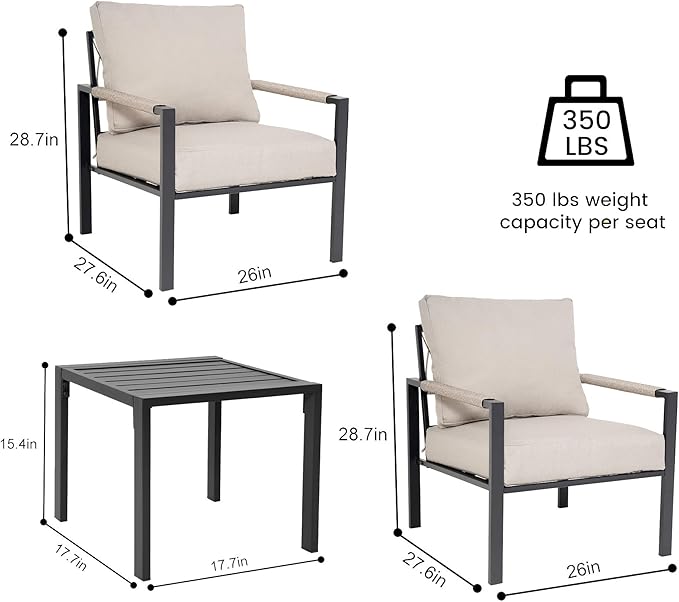 Sundale Outdoor 3 Pieces Patio Rattan Furniture Set, All-weather Metal Outdoor Conversation Set with 6 Inch Cushions and Coffee Table, Outdoor Sofa Set for Garden, Backyard, Porch, Balcony, Light Grey