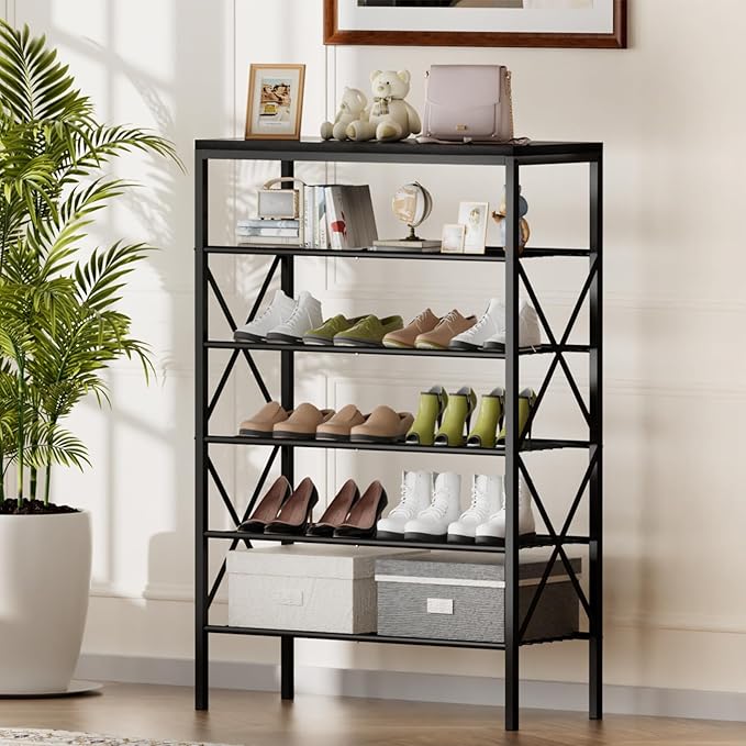 6 Tiers Shoe Rack, Large Capacity Shoe Rack Holds 32 Pairs of Shoes, Durable and Stable, Adjustable Metal Shelf Stackable Shoe Shelf for Entryway, Hallway, Living Room, Closet