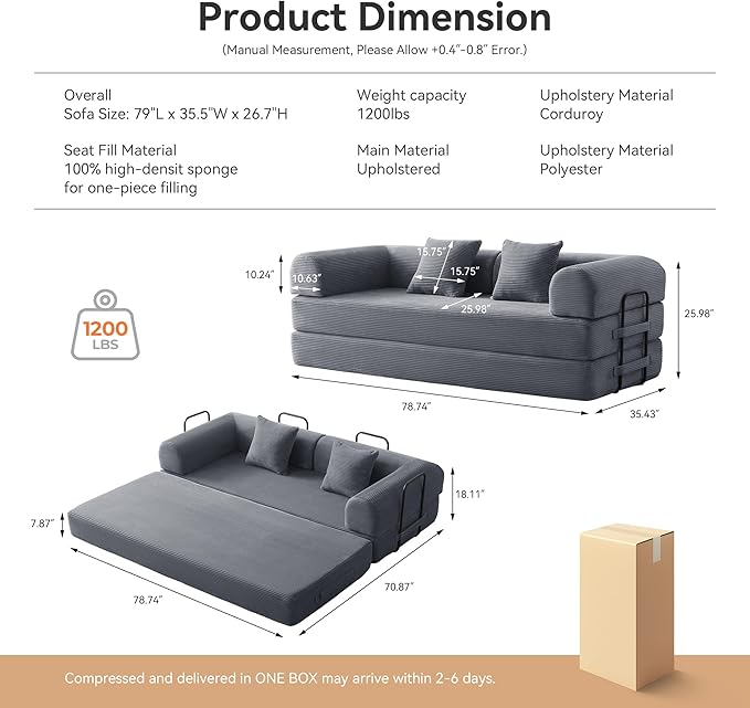 Sofa Bed, Corduroy Sleeper Sofa Bed with Fixed Frame, Floor Sofa Lounge with Pillow, Convertible Folding Mattress Couch for Living Room, Bedroom, Lounge, Studio (Dark Grey)