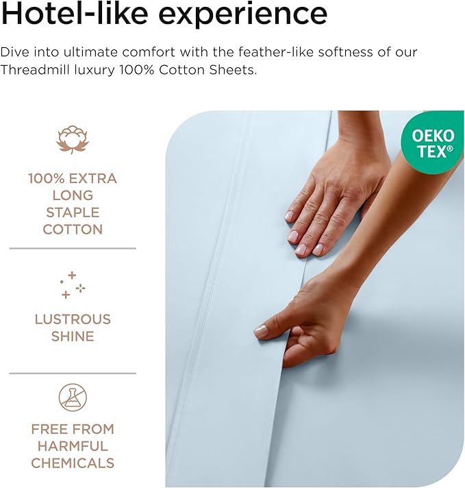 Threadmill 100% Cotton Sheets for Twin Size Bed - 600 Thread Count Twin Bed Sheets Set with 15” Deep Pocket - Sateen Weave 3-Piece Bedding Set with Cooling Effect, Blue