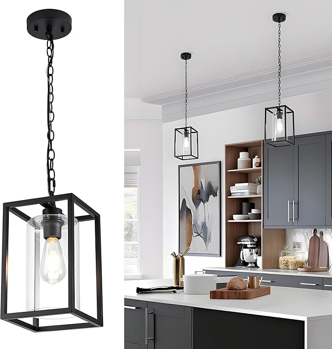 MAYNA 1-Light Farmhouse Pendant Light, Black Metal Cage Light Fixtures with Adjustable Chain and Glass Shade,Hanging Lights for Kitchen Island,Porch,Hallway