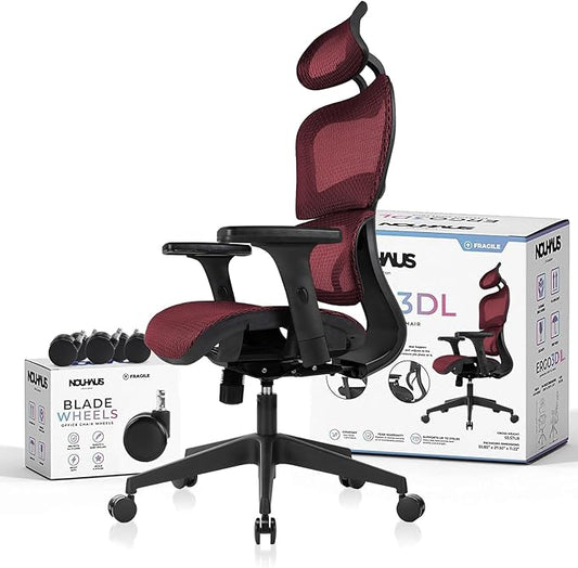 Nouhaus Ergo3dL Home Office Desk Chairs Ergonomic Office Chair High-Back Mesh Rolling Work Chairs with Wheels and Adjustable Headrests Comfortable Lumbar Support Adjustable Armrests(Burgundy)