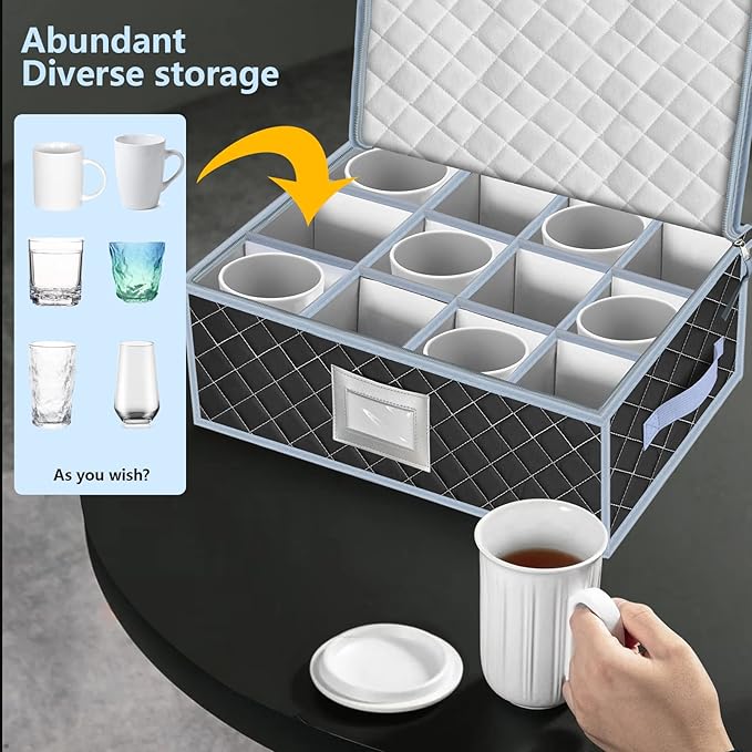 VERONLY Mug and Cup Storage Box with Dividers - 2 Pack China Storage Bin Containers Holds 24 Glassware, Stackable Coffee Mug Organizer Bin and Tea Cup with 2 Metal Zipper,Label and Handles (Grey)