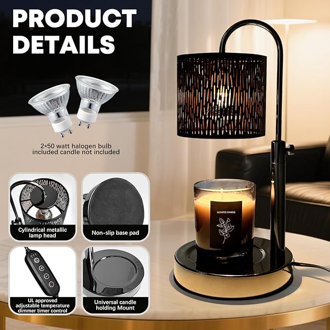 Candles Warmer Lamp with Timer and Dimmer, Home Bedroom Decor, Electric Adjustable Candle Wax Warmer Melter, Vintage Decor Birthday Monther Day Gifts,2 Bulbs，Black