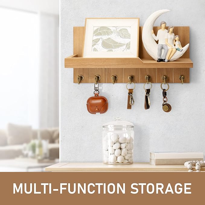 Rebee Vision Decorative Key Holder for Wall Shelf - Farmhouse Wood Wall Hanging Mail Organizer with 7 Sturdy Key Hooks for Home Entryway Decor - Stylish Key Racks (Light Brown)