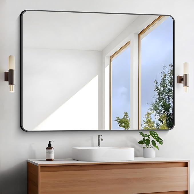 FORBATH Large Bathroom Mirror 48 x 36 Inches，Black Large Wall Mirror Aluminum Frame Wall Mounted Rounded Corner Morndern Mirror for Bathroom Bedroom Entryway Living Room