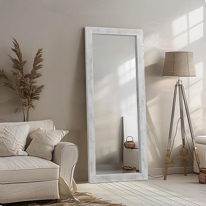 MELOMOIR Rustic Farmhouse Full Length Mirror with Wood Frame, 56"x21" Long Mirror for Bedroom Living Room Cloakroom, Free Standing Hanging or Leaning, Weathering White