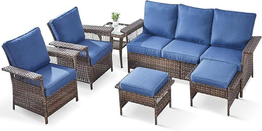 6 Pieces Wicker Patio Furniture Set - Hollow Widen Armrests 3 Seat Outdoor Sofa & Comfy Chairs with Side Table & Ottomans, Small Patio Convention Set for Deck and Backyard - Brown/Blue