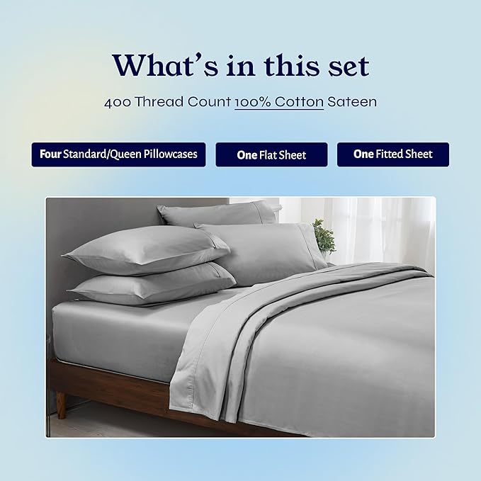 California Design Den 6-Pc Queen Size Sheet Set with 4 Pillowcases - 400 Thread Count 100% Cotton Sheets, Cooling Sateen Weave, Luxury Deep Pocket Bedsheets Set - Light Grey